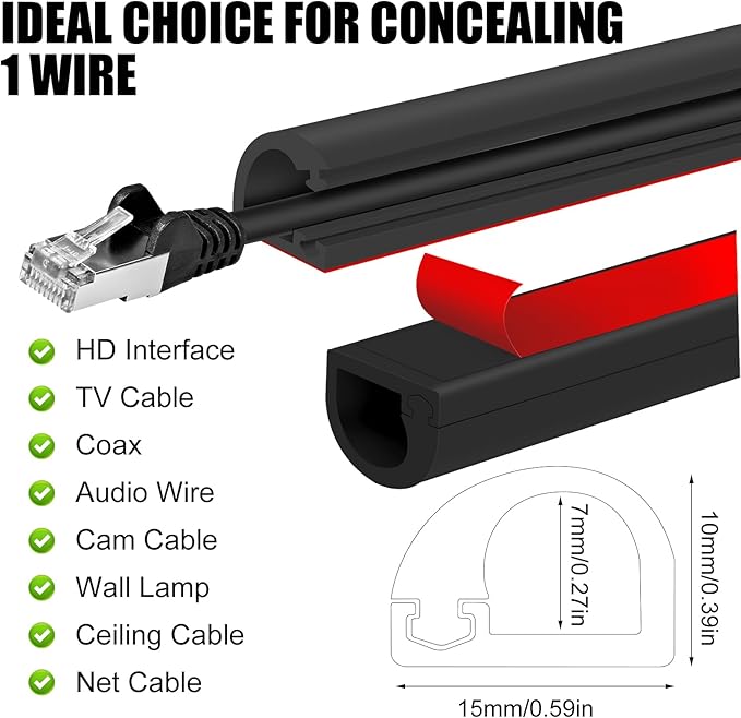 Self-Adhesive Cable Hider,Flexible Wire Cover Cable Raceway for Wires, Wall Mount TV, Home Audio, Network,Power and Phone Line Managemen (Black, 236inch)