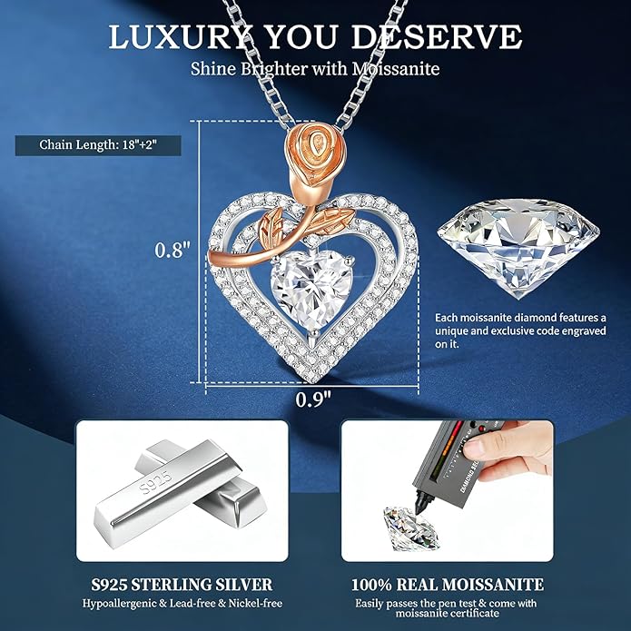 Gorgeous Moissanite Necklaces for Women - Valentine's Day Gifts for Wife Girlfriend, 925 Sterling Silver 1-3CT Moissanite Pendant Jewelry, Wedding Anniversary Birthday Christmas for Mom