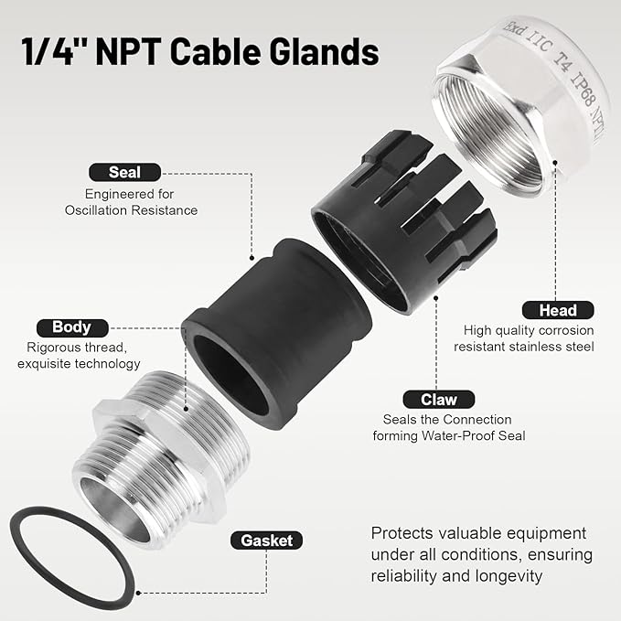 NPT 1/4" Stainless Steel Waterproof Cable Gland IP68 Waterproof Cable Gland Adjustable 4-8mm Cable Gland Protectors - 2 Pcs