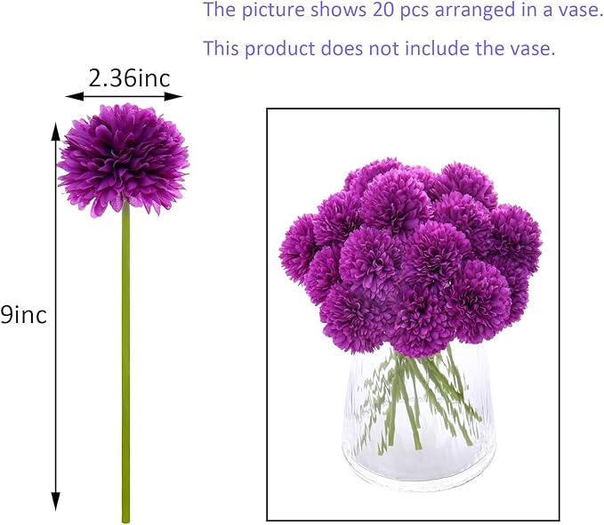 Kimura's Cabin 20Pcs Fake Mums Flowers Artificial Chrysanthemum Faux Silk Ball Flower Wedding Arrangements Bouquets Fall Office Home Kitchen Table Decor DIY Floral (Dark Purple)