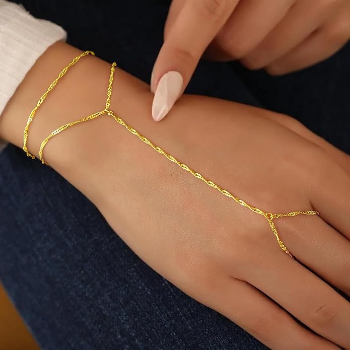 Yoosteel Hand Chain Bracelet for Women - Valentines Gifts Dainty 14K-Gold-Plated Finger Ring Hand Chains Layered Trendy Link Bracelets Jewelry Gift for Women