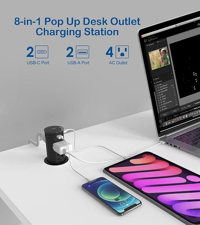 Pop up Outlet for Countertop,2.5 Inch Hole Desktop Power Grommet,Recessed Power Strip,20W USB C Fast Charging,4 Outlets 4 USB Ports,15Amp Tamper Resistant Receptacle for Home,Kitchen,Office Black