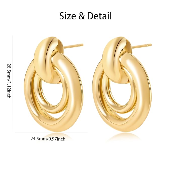 Chunky Knot Link Circle Statement Earrings, Gold-Plated, Drop Dangle Studs