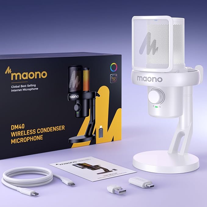 MAONO Wireless Microphone for PC,Gaming Streaming USB Mic with Software AI Voice Change,3-Level Noise Cancellation,Custom EQ,Gain Control for Computer Podcast Recording (DM40 AI Mic, DM40-White)