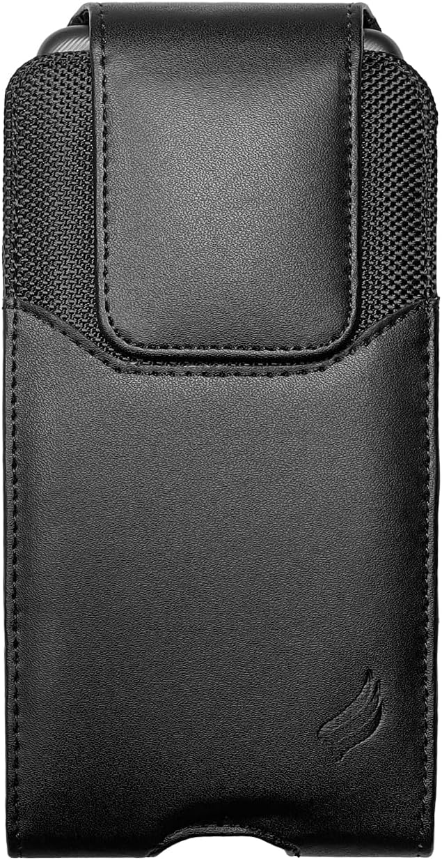 Leather Cell Phone Holster for Cricket Debut, Icon, AT&T Radiant Core, Calypso 2, Moto E6, G7 Play, Alcatel Onyx, REVVLRY REVVL2 - Vertical Case Waist Carrying Pouch with Belt Clip/Loops, Black