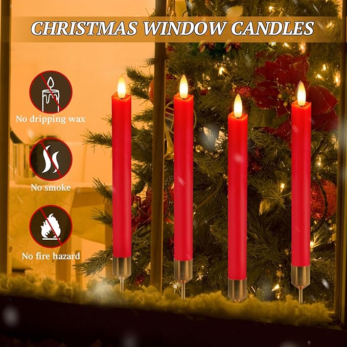 Flameless Candles with Remote: 8 Pack Battery Operated Window Candles 9.6" Real Wax LED Flickering Flameless Taper Candles 3D Wick Lights Halloween Christmas Wedding Birthday Party Decorations (Red)