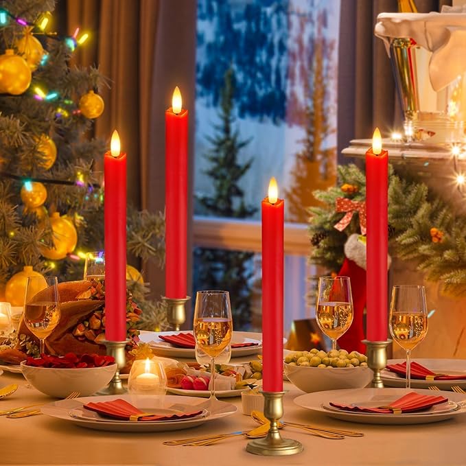 Flameless Candles with Remote: 8 Pack Battery Operated Window Candles 9.6" Real Wax LED Flickering Flameless Taper Candles 3D Wick Lights Halloween Christmas Wedding Birthday Party Decorations (Red)