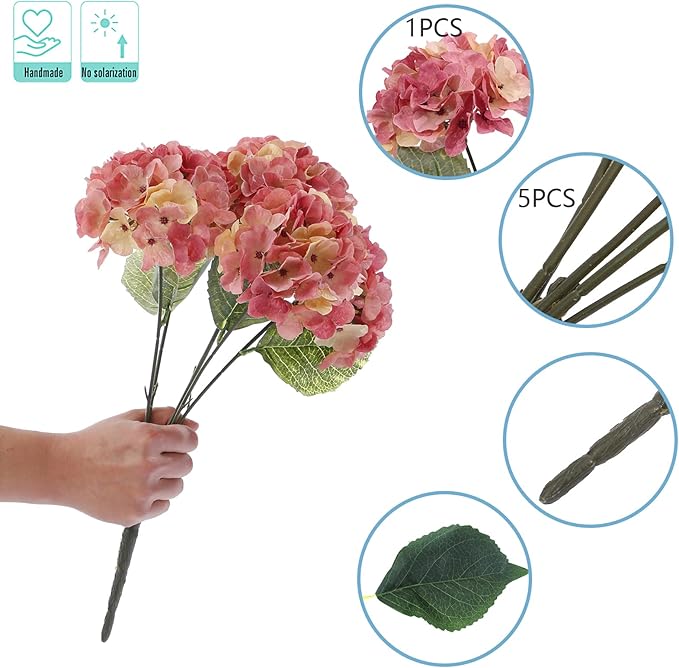 Kimura's Cabin 2Bouquets Fake Hydrangeas Flowers Vintage Artificial Silk Hydrangea Bouquets 10Heads for Home Table Centerpieces Wedding Party Autumn Garden Decoration (Autumn Pink 1 Pack of 2)