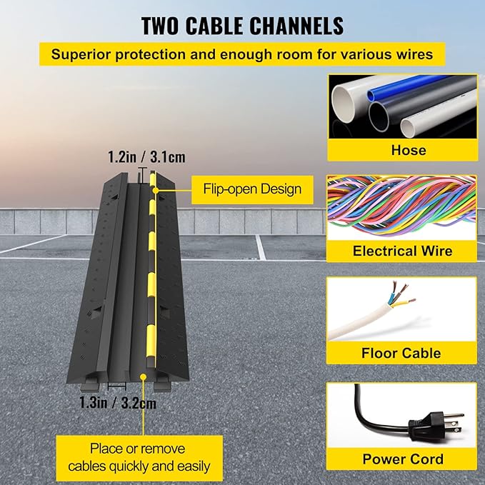 VEVOR Cable Protector Ramp, 5 Packs 2 Channels Speed Bump, Rubber Modular Humps Rated 11000 LBS Load Capacity, Protective Wire Cord Ramp Driveway Rubber Traffic Speed Bumps Cable Protector