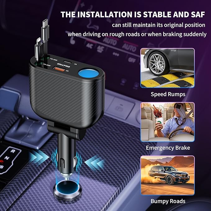 OHLPRO Retractable Car Charger Cigarette Lighter Adapter, 168W 5 in 1 Fast Phone Charging Built-in Replaceable Fuse, Socket Splitter with USB C and USB i Cord, Fit for Phone, iPad, Galaxy, GPS