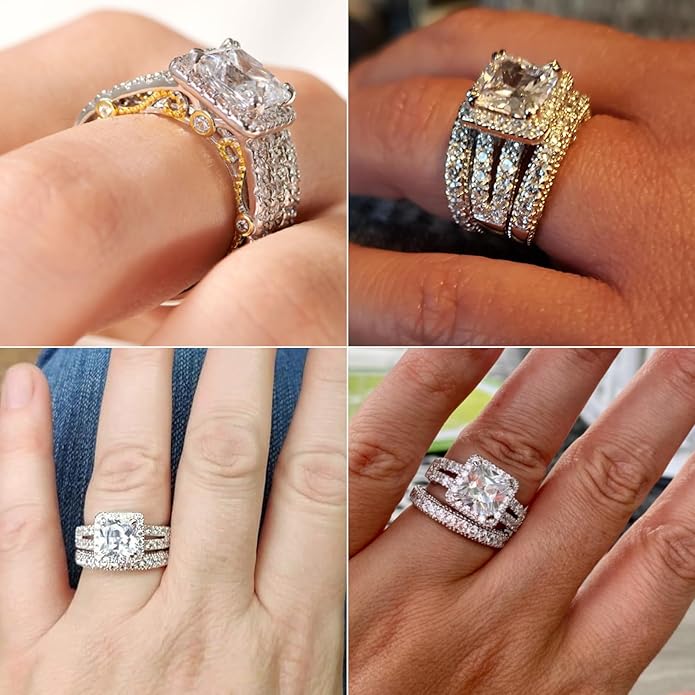 Wuziwen Princess Cut Engagement Rings for Women Sterling Silver Cubic Zirconia Wedding Bridal Ring Set