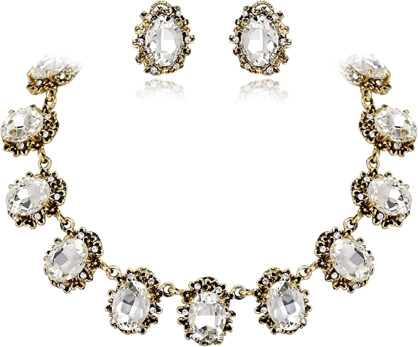 BriLove Victorian Style Statement Necklace Pierced Earrings Jewelry Set for Women Crystal Floral Cameo Inspired Oval Jewellery for Party Prom