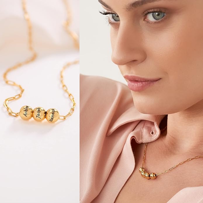 MyNameNecklace Personalized The Balance Charm Necklace with Custom Engraved Beads - Cable/Link Chain - Dainty Gift for Mom, Her - Jewelry for Christmas