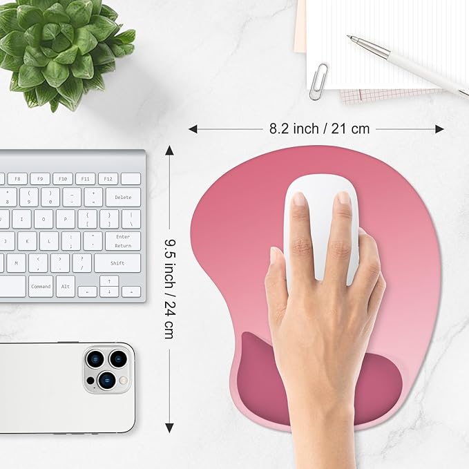 ITNRSIIET Ergonomic Mouse Pad, Cushioned Gel Wrist Rest, Non-Slip Base, Smooth Surface, Cute Multi-Color, 9.5 x 8.2 in, Pink Ombre