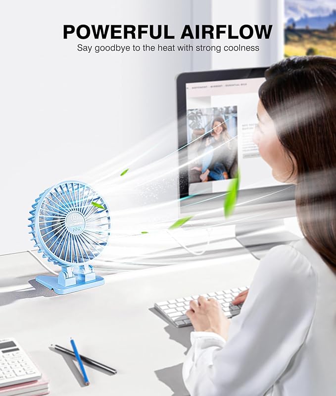 JZCreater USB Desk Fan, Portable Fan Mini, 3 Speeds Desktop Table Cooling, Plug in Power, Rotation Strong Wind, Quiet Personal Small Fan for Home Desktop Office Travel Bedroom, Sky Blue