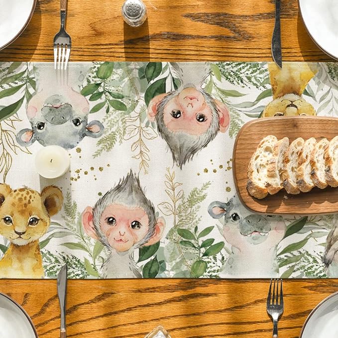 Artoid Mode Animals Elephant Giraffe Baby Shower Table Runner, Seasonal Spring Summer Kitchen Dining Table for Home Party Decor 13x48 Inch