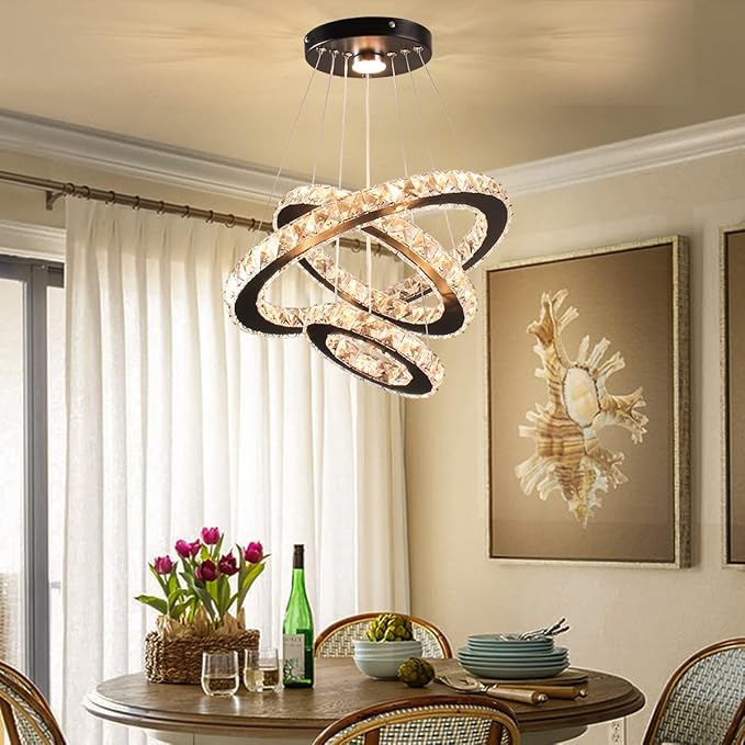 Dimmable Black Modern LED Crystal Chandeliers 3 Rings Pendant Light Adjustable Height Ceiling Lamp for Dinning Room Bedroom Living Room (Dimmable)