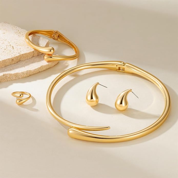 4 Pcs Statement Jewelry Set for Women – 18K Gold Plated Teardrop Necklace, Gold Drop Earrings, Bold Rings & Cuff Bracelets, Elegant Jewelry Gifts for Women