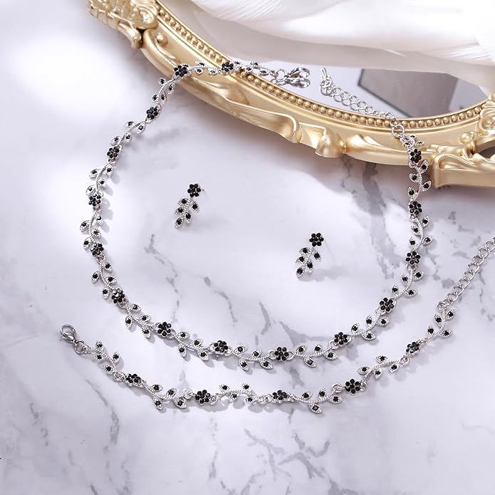 BriLove Wedding Jewelry Set for Women Bride, Gorgeous Stunning Crystal Flower Leaf Cluster Choker Necklace Link Bracelet Stud Earrings Bridal Bridesmaid