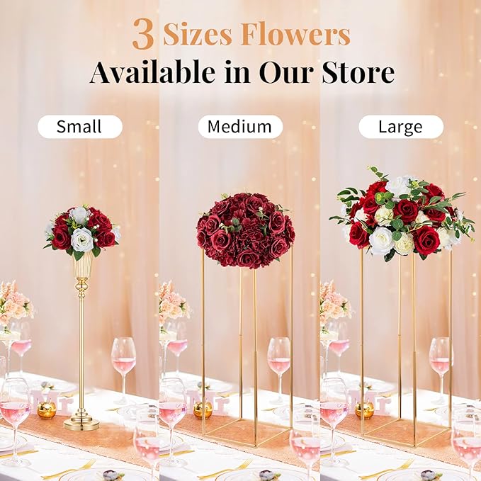 NUPTIO Artificial Flower Centrepieces for Tables - 6 Pcs Crimson & White Fake Flowers Roses Balls 9.5in Diameter - Silk Faux Rose Arrangement for Wedding Party Centerpiece Table Decorations