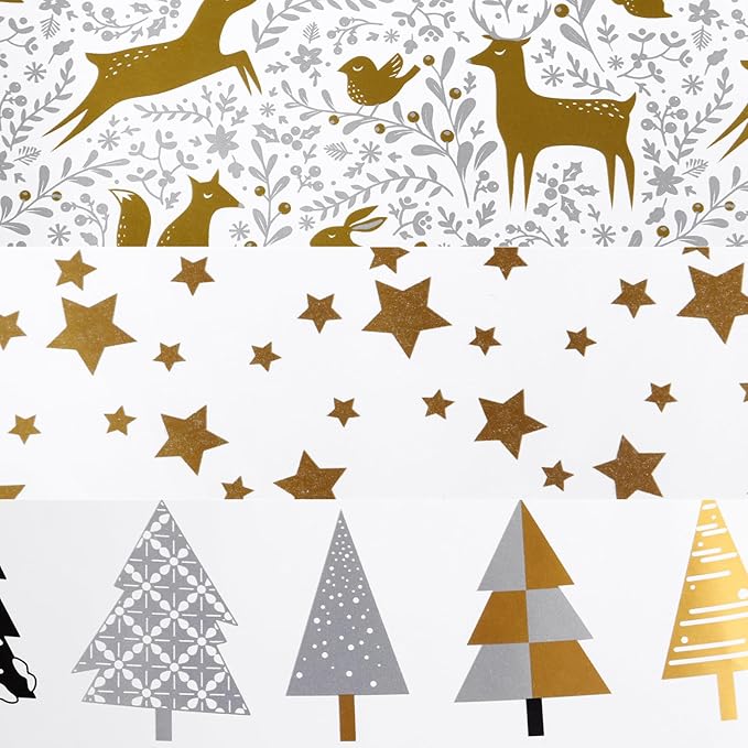 Miss DuiDui Christmas Gift Wrapping Paper, 3 Rolls, 17 inch x 9.8 feet, Gold Stars Animals Trees Xmas Design for Christmas, Party, Holiday, Kids Boys Girls, Baby Shower