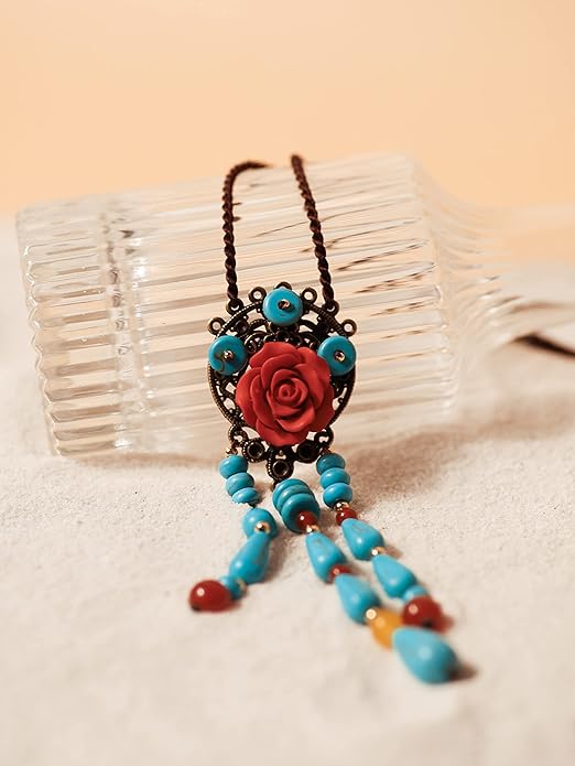 MINACHI Vintage Bohemian Colorful Ceramic Bead Antique Flower Y Necklace, Vintage Boho Hippie Statement Jewelry Gift for Women