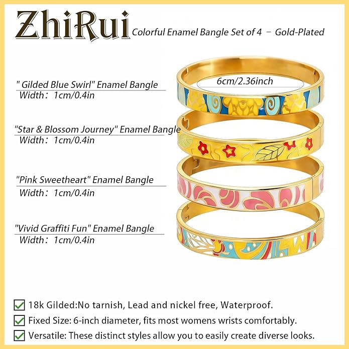 Enamel Bangle Set, 18K Gold Plated Stainless Steel, 4-Piece Bracelet Handcrafted Gorgeous Collection with Abstract and Floral Patterns, 6-7 Inch Wrist Size, Women's Fashion Jewelry