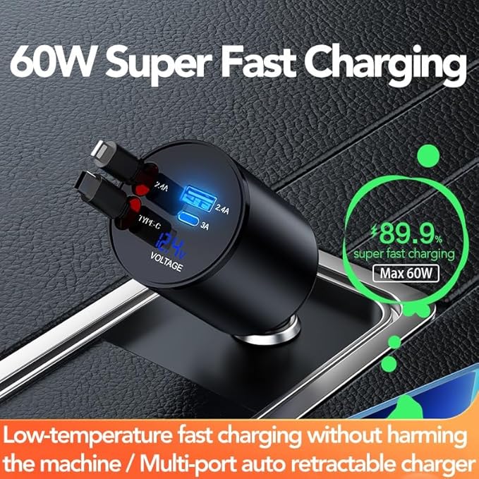Retractable Car Charger, 4 in 1 Super Fast Car Phone Charger 60W, 2 Retractable Cables and 2 USB Ports Car Charging Adapter,Compatible with iPhone 16/15/14/13/12/11,Air-Pods 4,Galaxy,Pixel