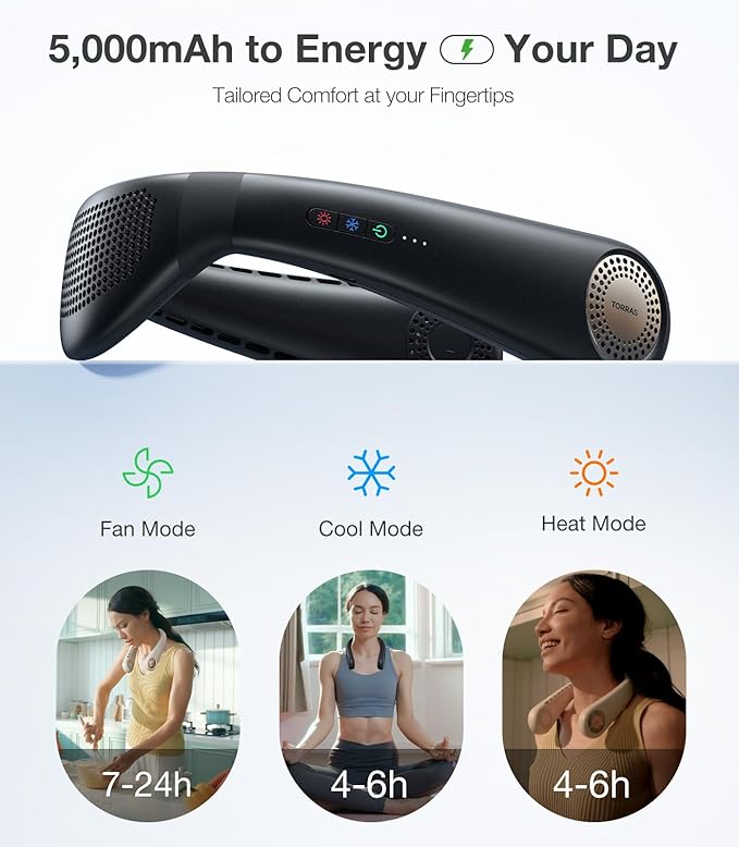 TORRAS COOLiFY Air Neck Fan Air Conditioner, 3D Airflow, Light Portable Fan Rechargeable, Personal Cooling Fan Travel Essentials, Work, Travel, Camping, Onyx Black
