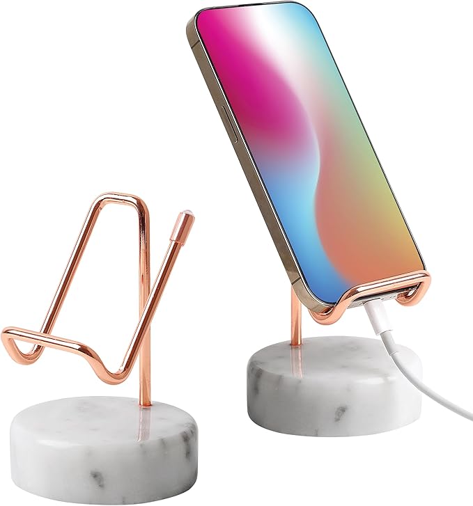 Marble Phone Stand with Metal Holder, Charging Available While Using, Swipe Up to Unlock, Made of Natural Marble as Business Card Holder for Office Desk (Starry White + Rose Gold)