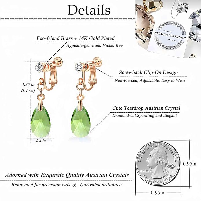 Teardrop Austrian Crystal Drop Clip On Dangle Earrings for Women Non Pierced 14K Rose Gold Plated Hypoallergenic Jewelry