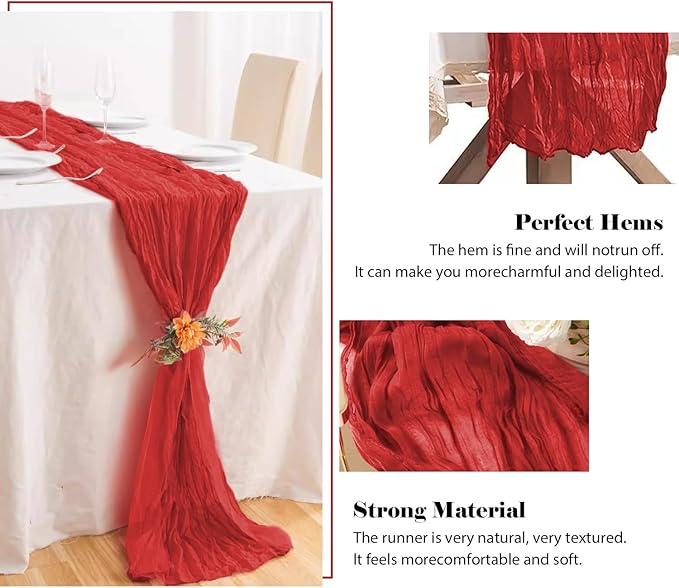 2 Pack 10 Ft Cheesecloth Table Runner Red Gauze Long Table Runners Boho Gauze Cheese Cloth Table Runner Rustic Sheer Runner for Wedding Party Table Decor ( 35 x 120 Inch )