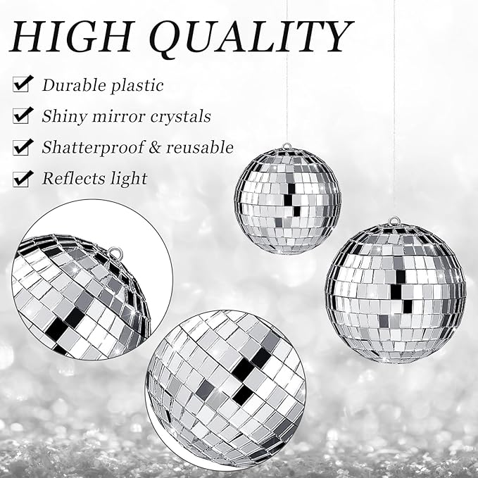 Hoolerry 200 Pcs Mini Mirror Disco Ball Ornaments Mardi Gras Small Silver Hanging Decorations Reflective Tiny Balls Bulk for 70s 80s 90s Disco Party, Christmas Tree(2'', 1'')
