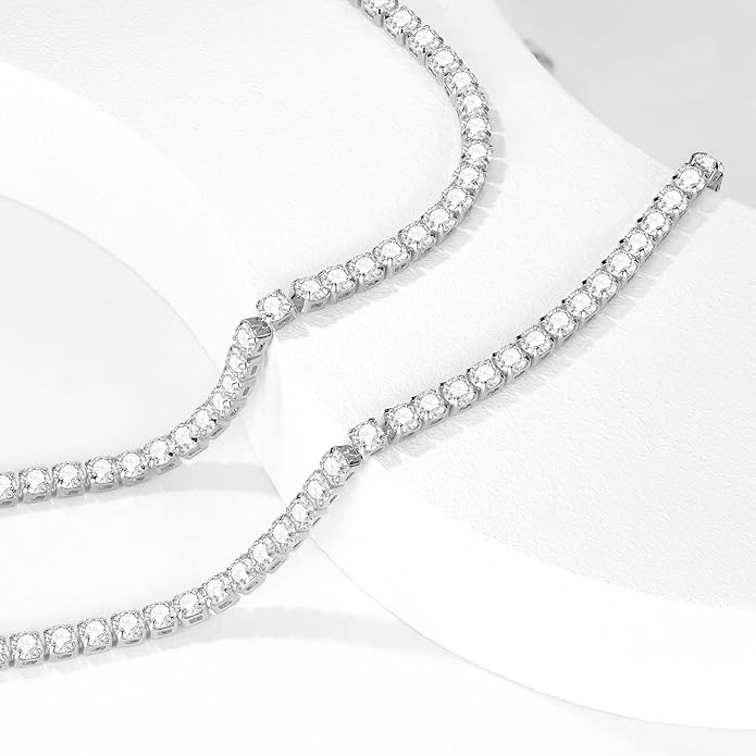 Tennis Necklace Bracelet for Women, Dainty Sterling Sliver Choker Necklace Crystal Link Bracelet Stud Earrings for Women Wedding Jewelry for Bride Jewelry Set Accessories