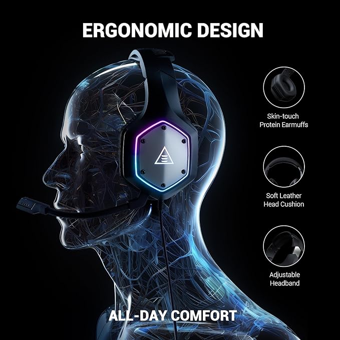 EKSA E1000 V2 Gaming Headset, PC Headset with USB C Plug, Wired Headphones with Noise Canceling Microphone, 7.1 Surround Sound, RGB Light, include USB Adapter for Computer,Mac, PS4/PS5 Console, Laptop
