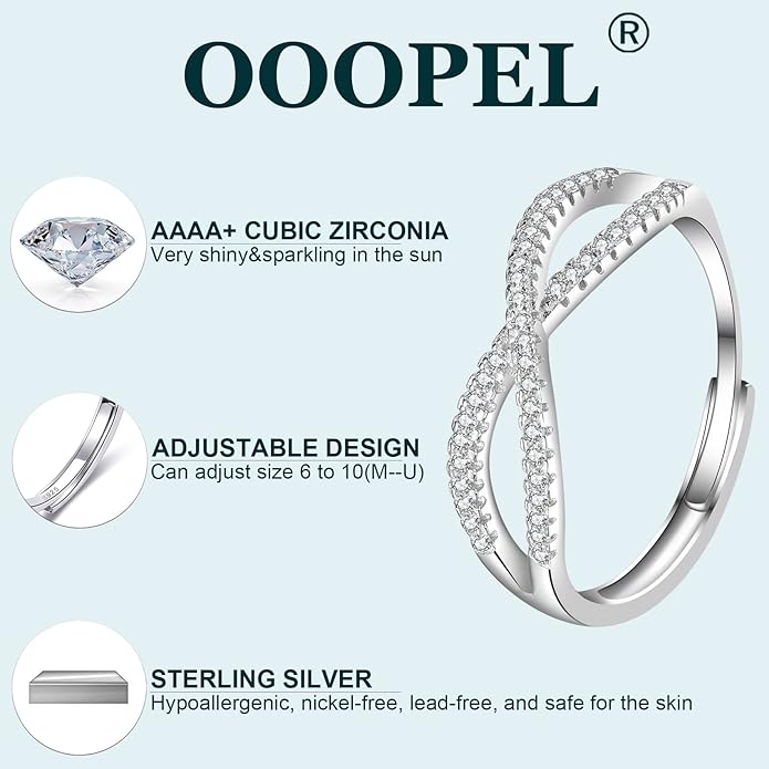OOOPEL Sterling Silver Adjustable Ring S925 Silver Rings for Women Cubic Zirconia Twist Love Knot Dainty Ring Silver Minimalist Open Finger Rings Silver Thumb Sterling Silver Ring