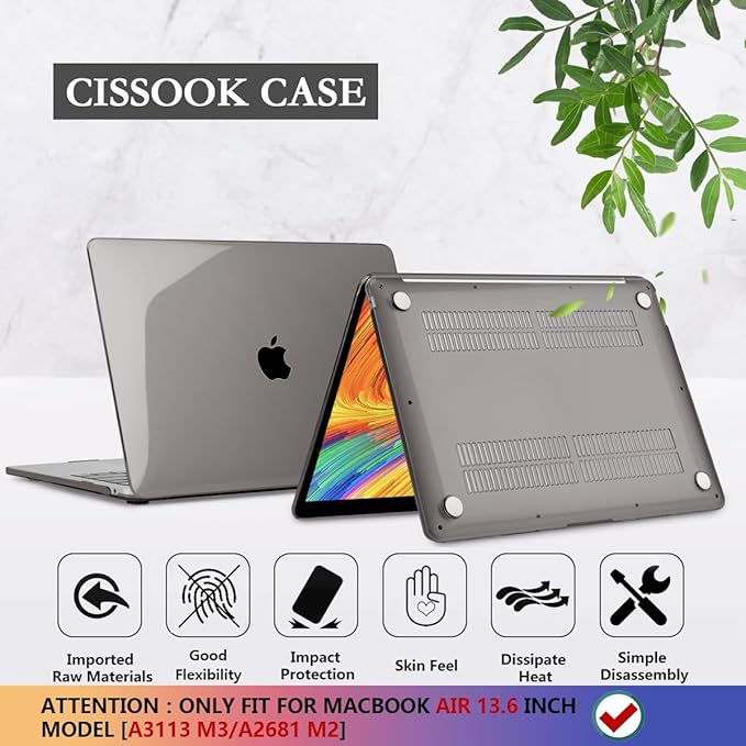 CISSOOK Compatible with MacBook Air 13.6 inch Case 2022 2024 2025 Release A2681 A3113 A3240 with Touch ID, Crystal Grey Hard Shell Case & Keyboard Cover for Mac Air 13.6 M2 M3 M4, Gray