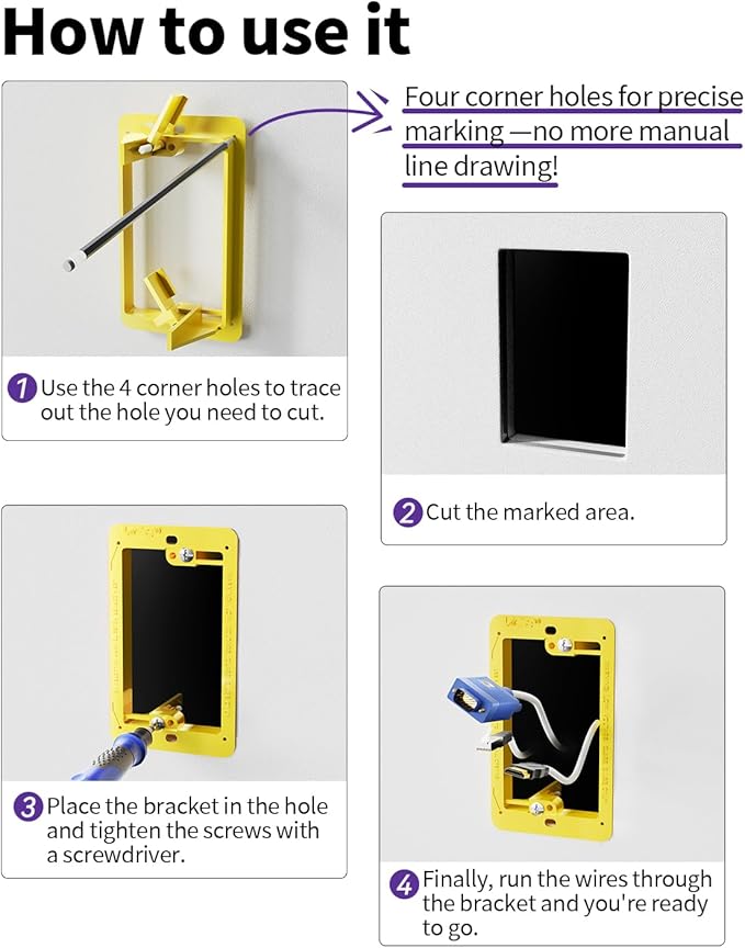 VCE Low Voltage Mounting Bracket Single Gang Wall Plate, Flush Low Voltage Box for Network, HDMI, Coaxial, Speaker, Telephone Cables, Yellow, 5 Pack