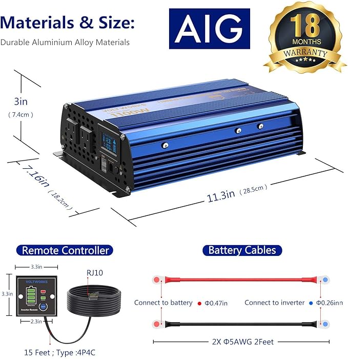 Power Inverter 1100 watt 12V DC to 110V 120V AC 1000w Inverter with LCD Display Remote Control 2AC Outlets Dual 2.4A USB Ports Compatible with Lithium Battery for Car RV Truck Boat by VOLTWORKS