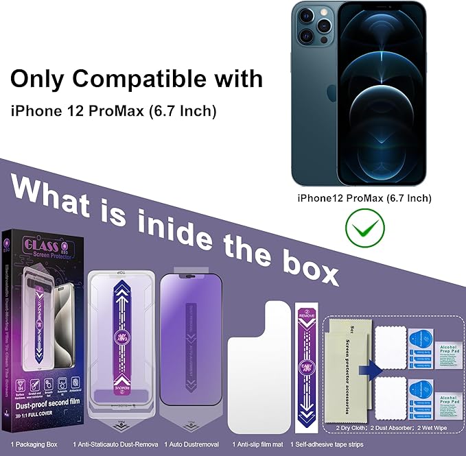 2 Pack Anti Blue Light Matte Screen Protector for iPhone 12 Pro Max, 9H Tempered Glass, Full Coverage, Anti-Fingerprint, Auto Dust-Elimination, No Bubble, Easy Installation