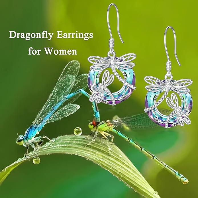TOUPOP Dragonfly Gifts for Women Sterling Silver Dragonfly Earrings with Circle Crystal Dragonfly Dangle Drop Earrings Jewelry Gifts for Women Mom Birthday Christmas