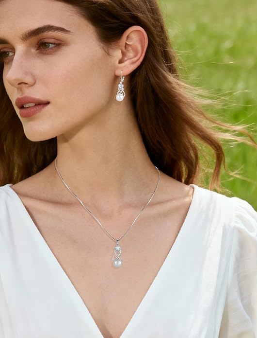 Pearl Earrings Necklace Jewelry Set for Women 925 Sterling Silver Heart Simulated Diamond Freshwater Pearl Jewelry Gift for Her