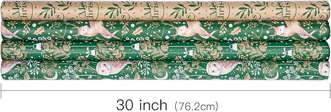 RUSPEPA Christmas Kraft Wrapping Paper - Owl, Reindeer, Christmas Ball and Text Design - 4 Rolls - 30 inches x 10 feet per Roll