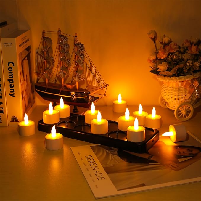 Esup Rechargeable Tea Lights Rechargeable Candles Flameless Flickering Candles Tealights 12pcs/Set with Black Charging Base, Decoration Parties, Weddings, Bar, Family, Dinner Outdoor Picnic ﻿
