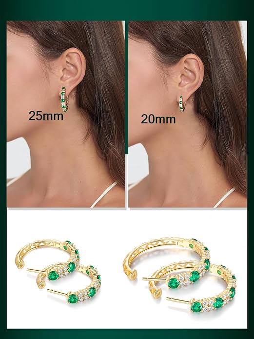 Women's Huggie Hoops with Birthstone 925 Sterling Silver Huggie Stud Hypoallergenic 14K Gold Plated Moissanite Earrings -Emerald Sapphire Ruby Hoop Earrings, Size 20 25mm