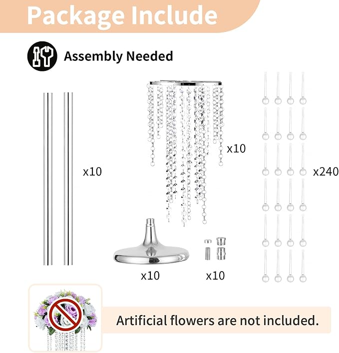 NUPTIO Silver Crystal Wedding Vases - 10 Pcs 29.5in Tall for Centerpieces, Aisle Decorations, Parties