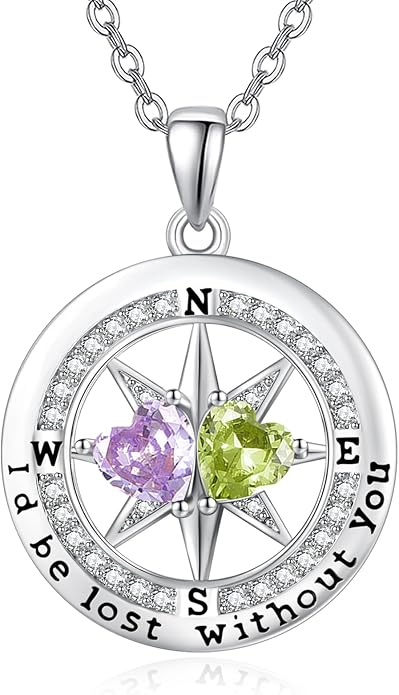 Compass Necklace for Women, Exquisite S925 Valentines Day Anniversary Birthday Gifts for Wife Her Double Birthstone Pendant Jewelry ‘I'd be Lost Without You’