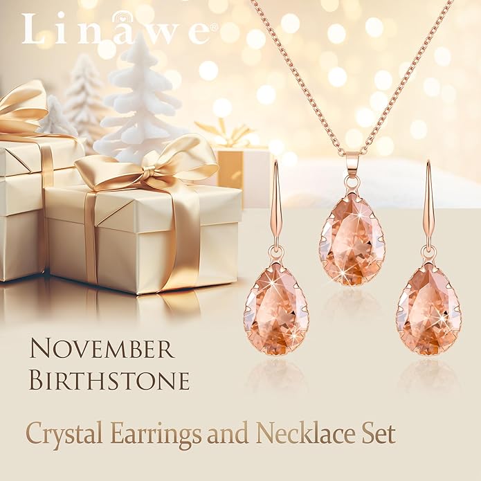 Linawe Crystal Jewelry Sets for Women, Imitation Diamond Pendant Necklace, Rhinestone Drop Dangle Earrings, Birthstone Cubic Zirconia Matching Wedding Jewelry, 14K Gold/Rose Gold/Silver Tones
