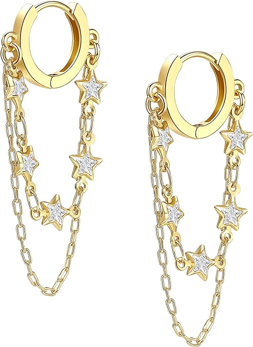 Tassel Chain Small Gold Hoop Dangle Earring For Women Huggie Earring Heart Star CZ 14K Gold Plated Fashion Jewelry Friendship Gift