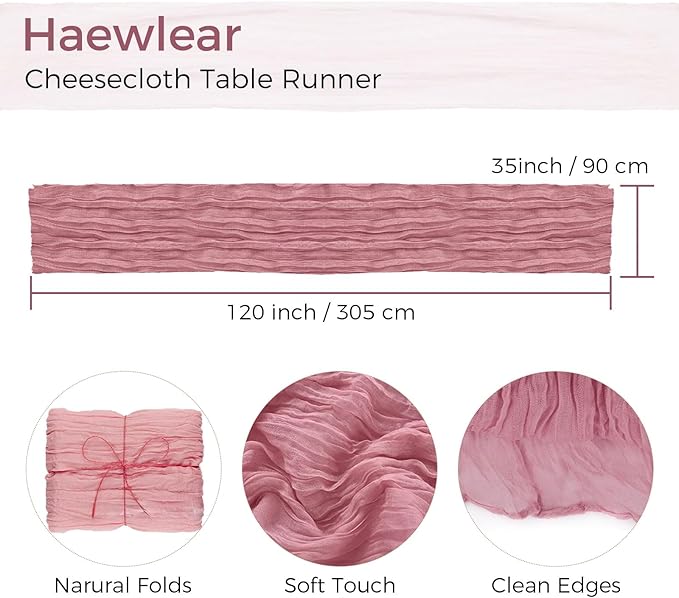 6 Pack Cheesecloth Table Runner 10Ft Boho Gauze Table Runner Cheese Cloth Long Rustic Sheer Table Runner for Wedding Bridal Baby Shower Birthday Party Cake Table Arbor Decorations (Dusty Rose)